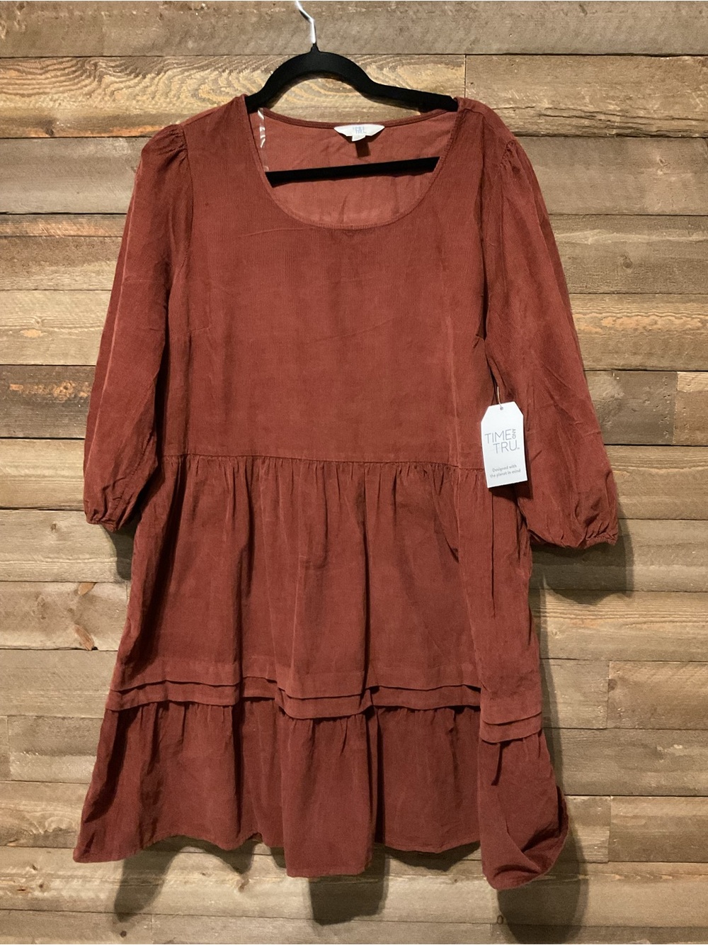 Time and Tru Women's Brown Corduroy Tiered Long Sleeve Dress Size Large NWT